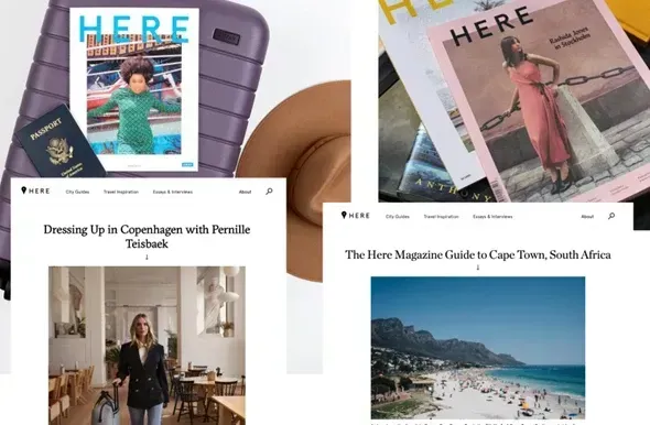 Billede af rejsemagasin med titlen "HERE", der præsenterer forskellige rejseguides, billeder og artikler, herunder indhold om København og Cape Town, samt en kvinde der sidder i en cafe.