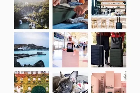 Billede med ni miniaturebilleder, der viser naturskønne landskaber med vandfald, en person der pakker en kuffert, en stilfuld cafe, en lufthavn med rejsende, geotermiske kilder, en fransk bulldog, klatreudstyr og en bygning dækket af planter.
