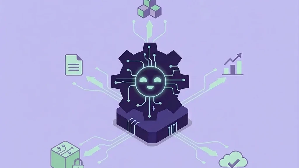 En grafik, der viser et gearhjul med et smilende ansigt i midten, omgivet af pile og ikoner for dokumenter, statistikker, produkter og sikkerhed, der symboliserer databehandling og kunstig intelligens.