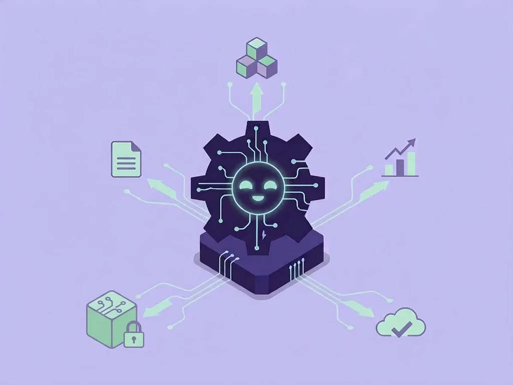 En grafik, der viser et gearhjul med et smilende ansigt i midten, omgivet af pile og ikoner for dokumenter, statistikker, produkter og sikkerhed, der symboliserer databehandling og kunstig intelligens.