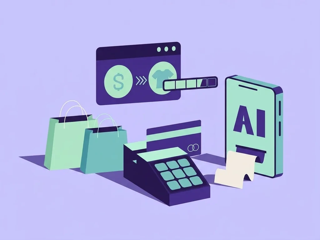 Illustration af online shopping og betaling, der viser indkøbsposer, et betalingssystem, kreditkort og en enhed med teksten "AI", alt på en lys lilla baggrund.
