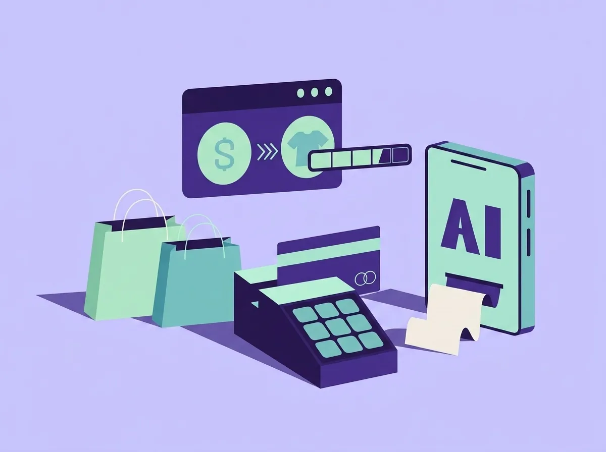 Illustration af online shopping og betaling, der viser indkøbsposer, et betalingssystem, kreditkort og en enhed med teksten "AI", alt på en lys lilla baggrund.