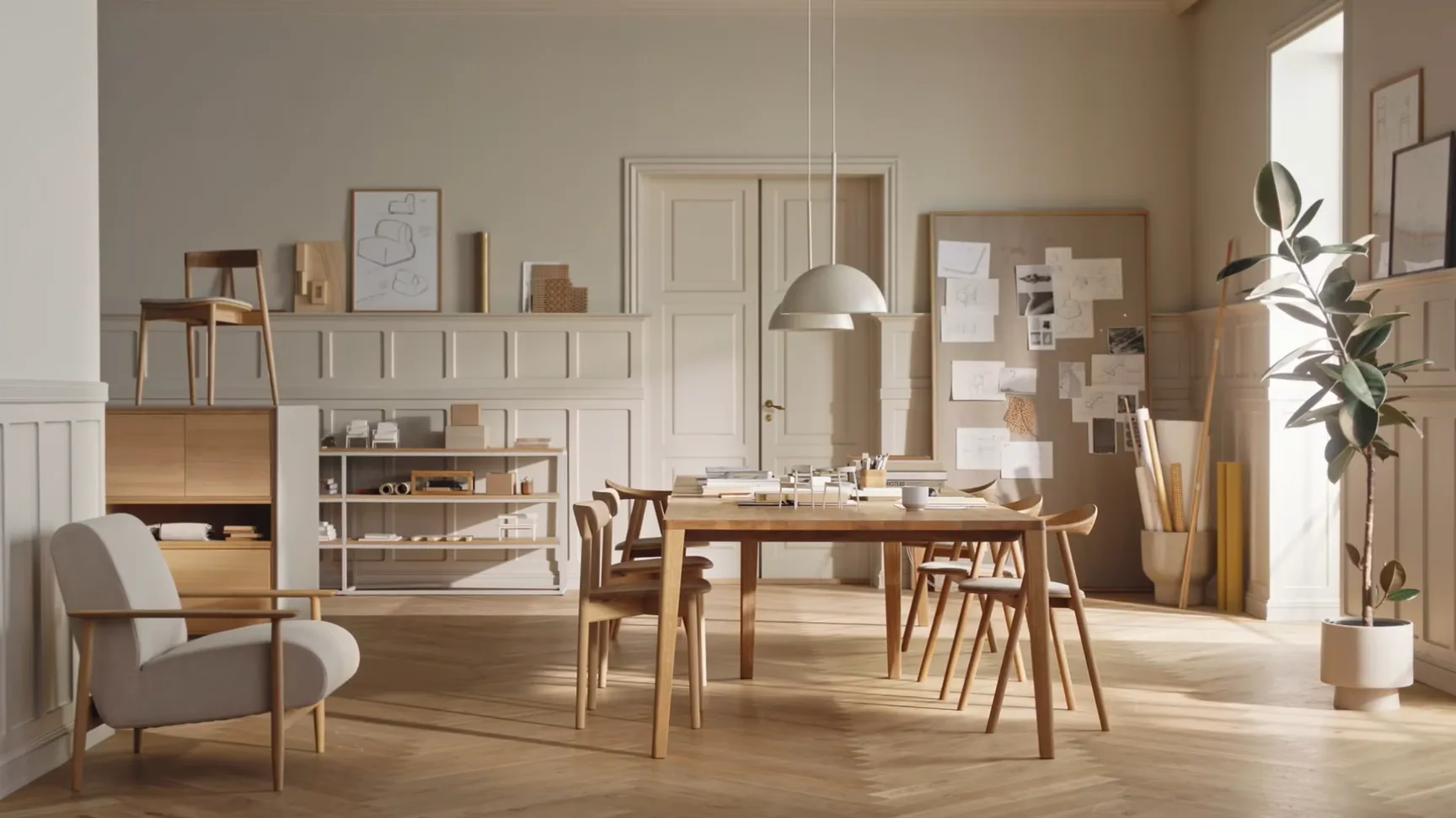 Moderne spisestue med træbord, stolerække, minimalistisk indretning og planter. Vægdekoration med skitser og kreative materialer. Lyse farver og naturligt lys strømmer ind i rummet.
