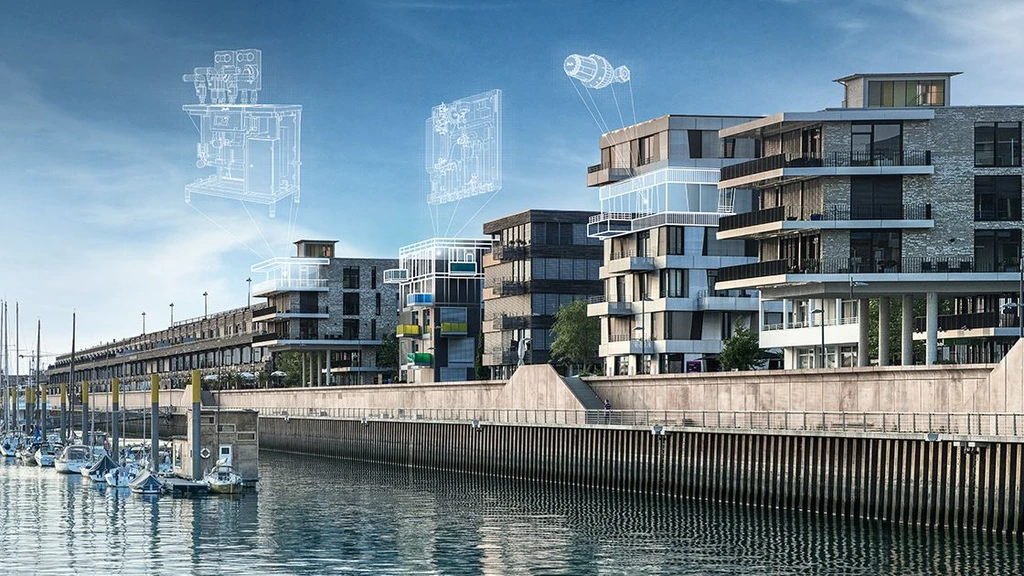 Modern waterfront residential buildings with architectural blueprints overlay, showcasing design features near a marina with sailboats in a serene setting under a clear blue sky.