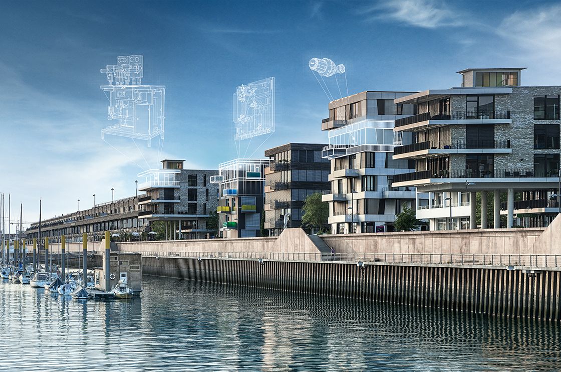 Moderne boliger ved vandet med skitser af bygningselementer, marina med sejlbåde og klart blåt himmel.