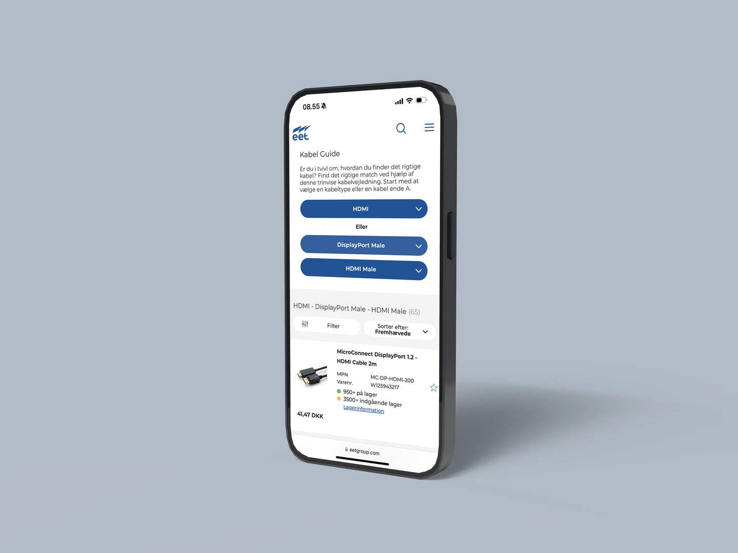 Smartphone, der viser EET's website.