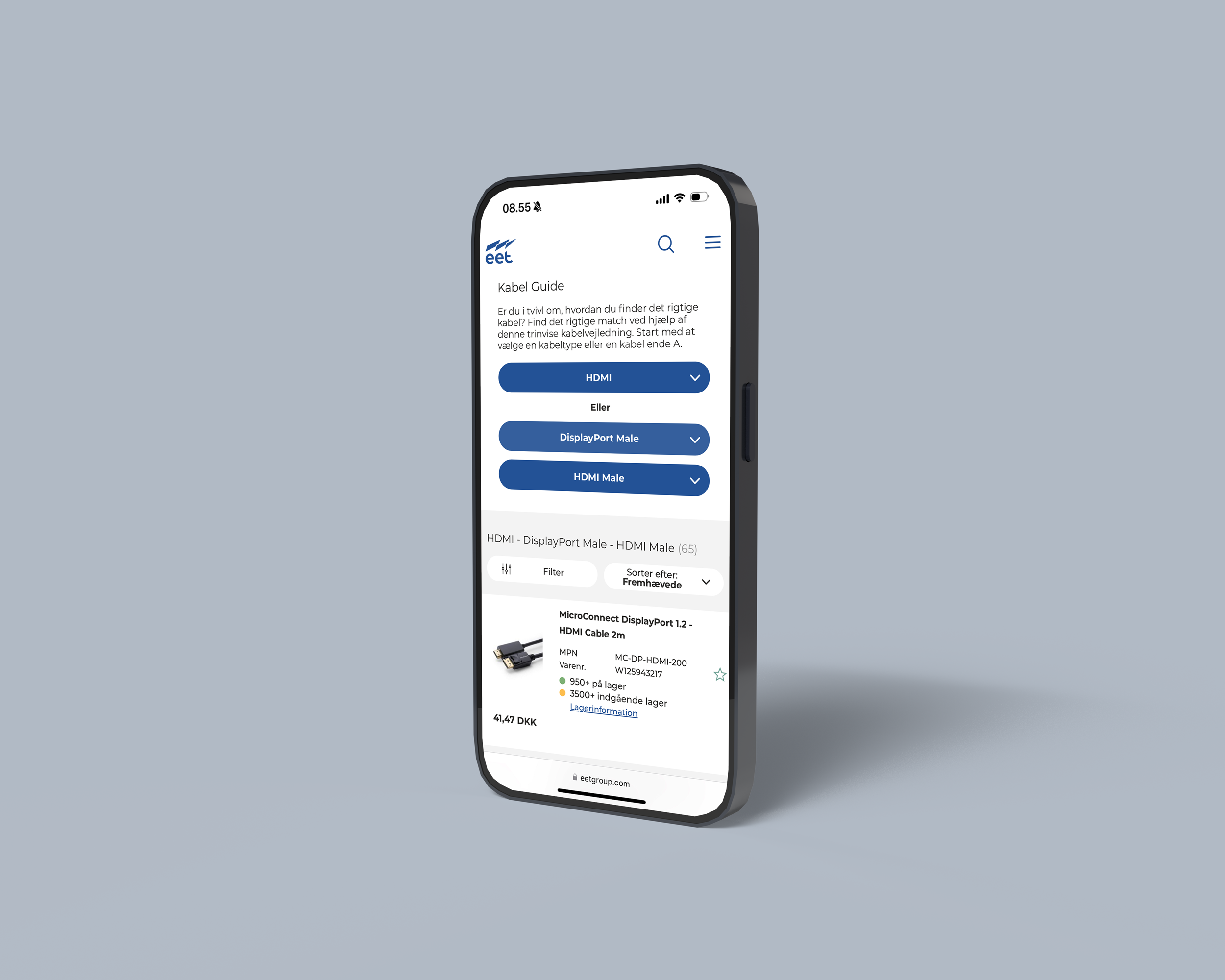 Smartphone, der viser EET's website.