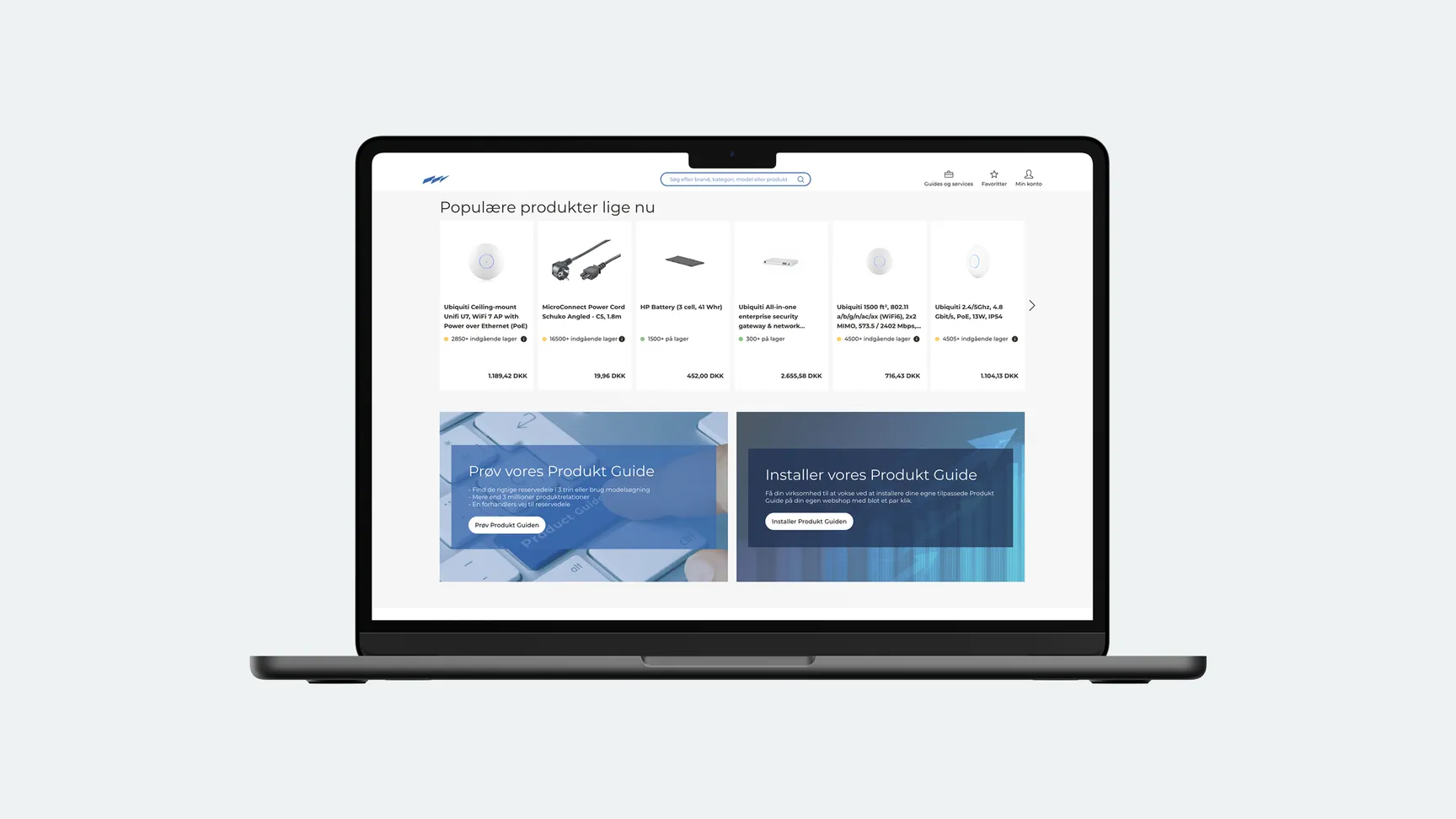 Laptop displaying a product page featuring popular items, including "Ubiquiti Ceiling AM5," "MicroConnect Power Cord," and "HP Battery," with a call-to-action for installing the product guide.