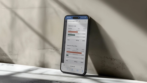 A smartphone displaying a detailed food product weight and CO2 footprint analysis on a clean, modern surface with natural light and shadow effects.