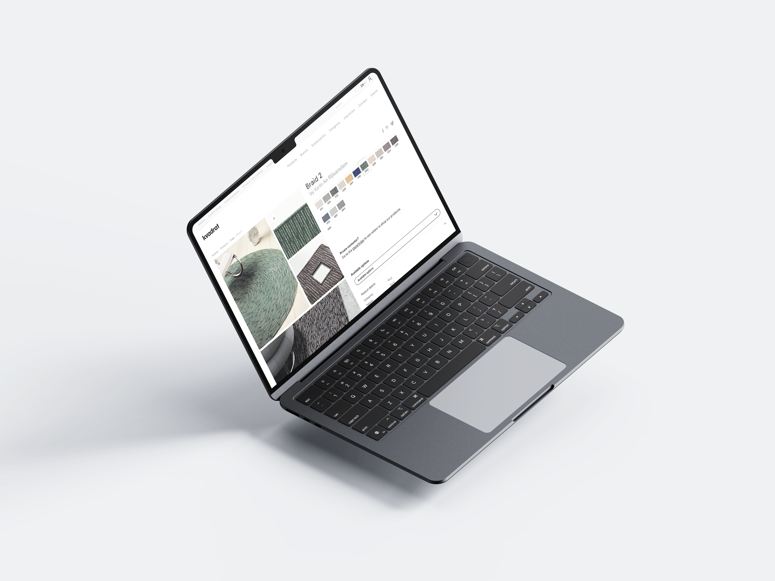 Billede af en bærbar computer, der viser en farvepalet og teksturer på en skærm med en lys baggrund, der fremhæver designmuligheder.