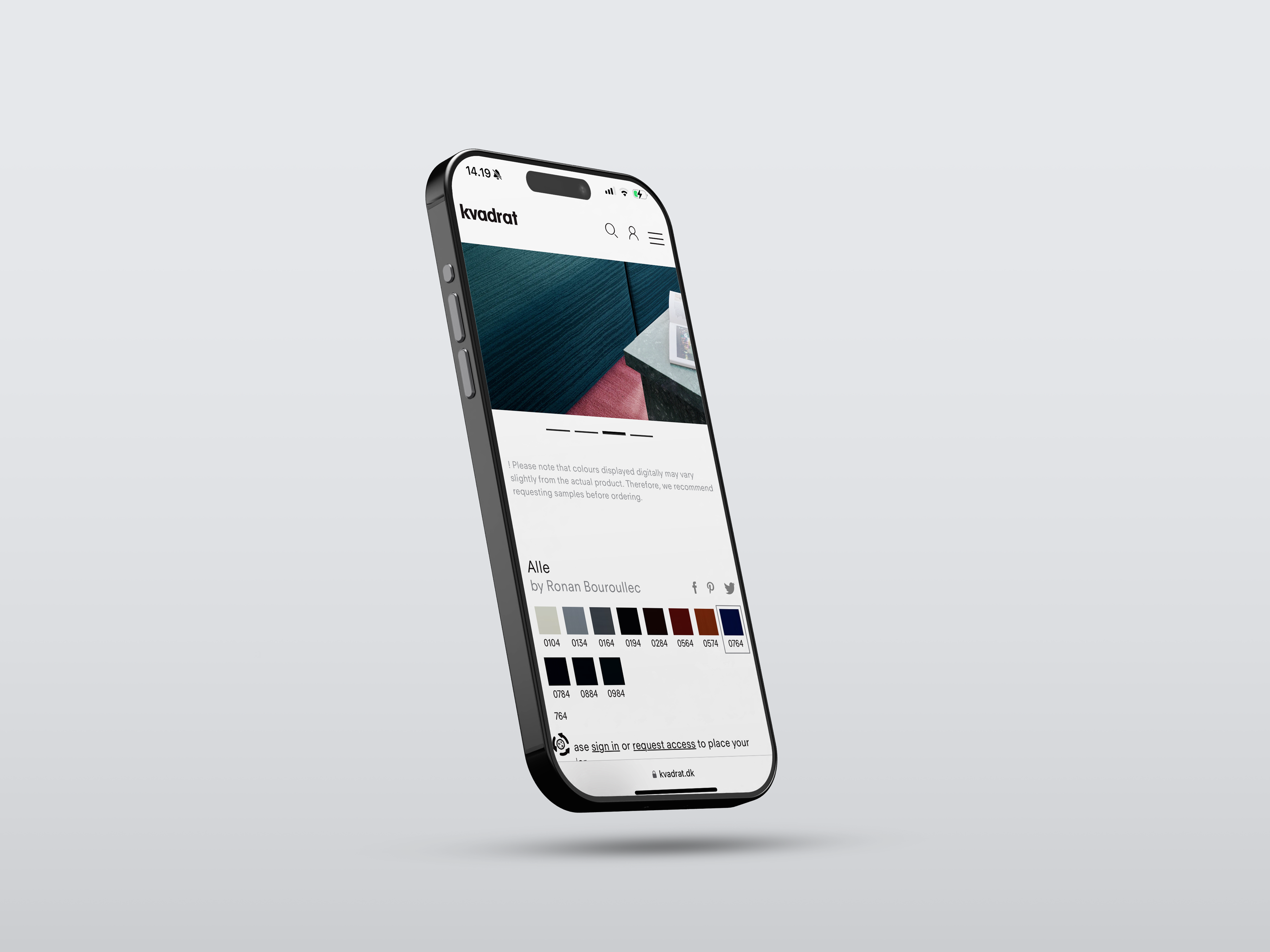 Billede af en smartphone med Kvadrats hjemmeside åben, der viser farvekortet for "Alle" af Ronan Bouroullec, med en moderne, minimalistisk designstil.