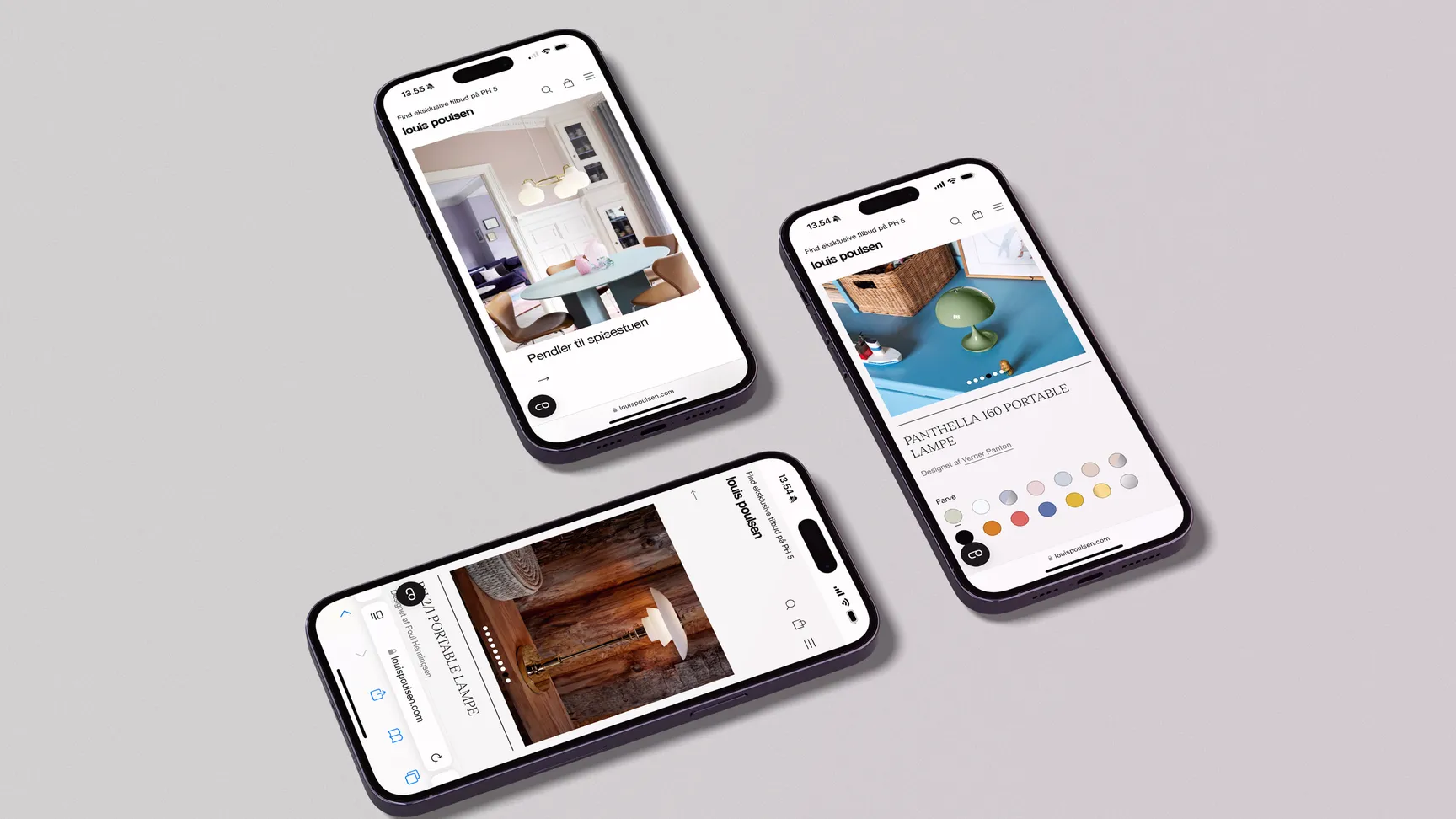 Three smartphones displaying a modern interior design app featuring product images and descriptions, set against a light gray background.