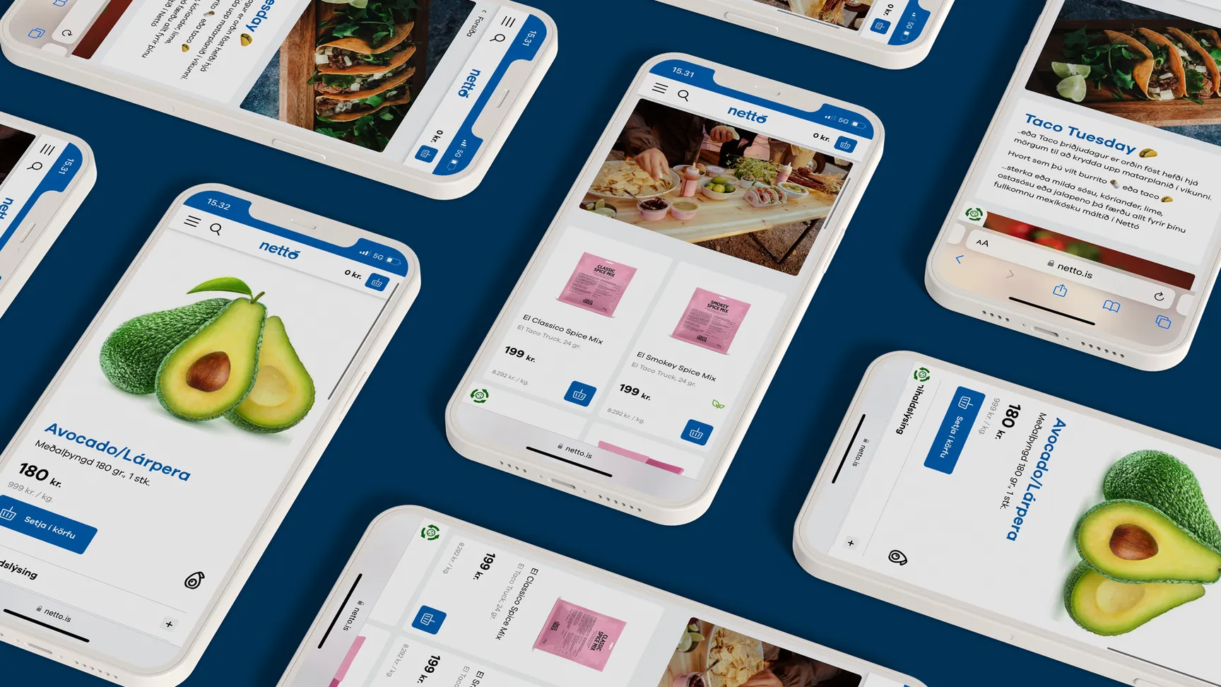 Smartphones showcasing the Netto website with various food items including avocados and spice mixes, designed for an appealing online shopping experience.