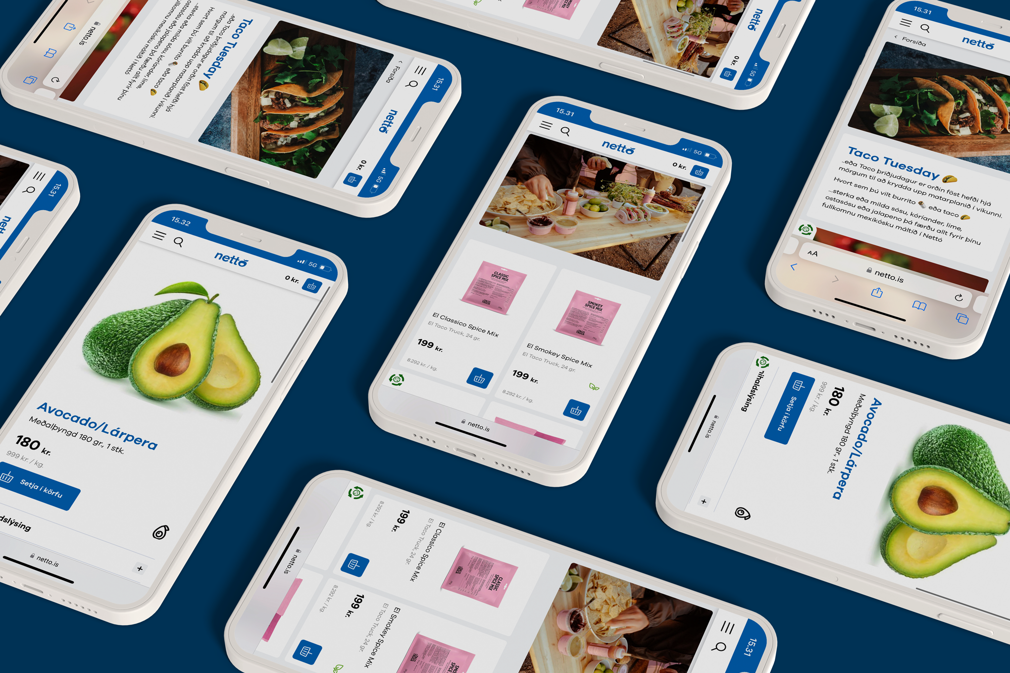Flere smartphones viser Netto's hjemmeside med fokus på avocado og krydderiblandinger, med forskellige produkter og opskrifter tilgængelige.