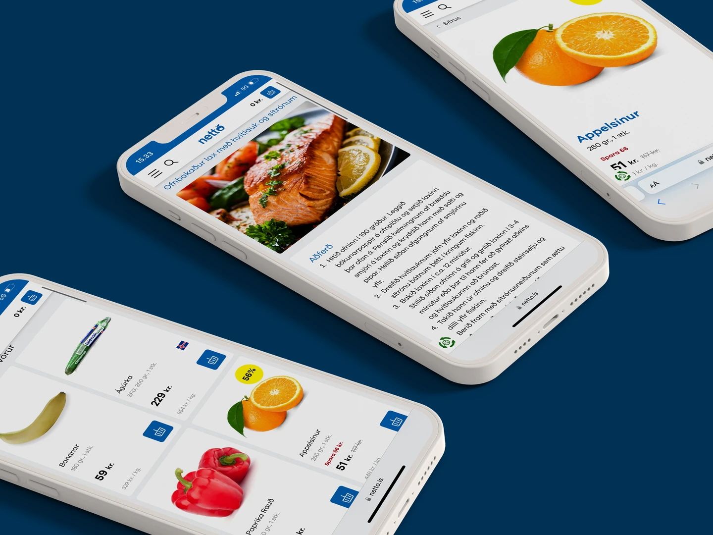Three mobile phones displaying a grocery shopping app interface, featuring a salmon dish, banana, red bell pepper, and oranges, with product prices and descriptions visible on a dark blue background.
