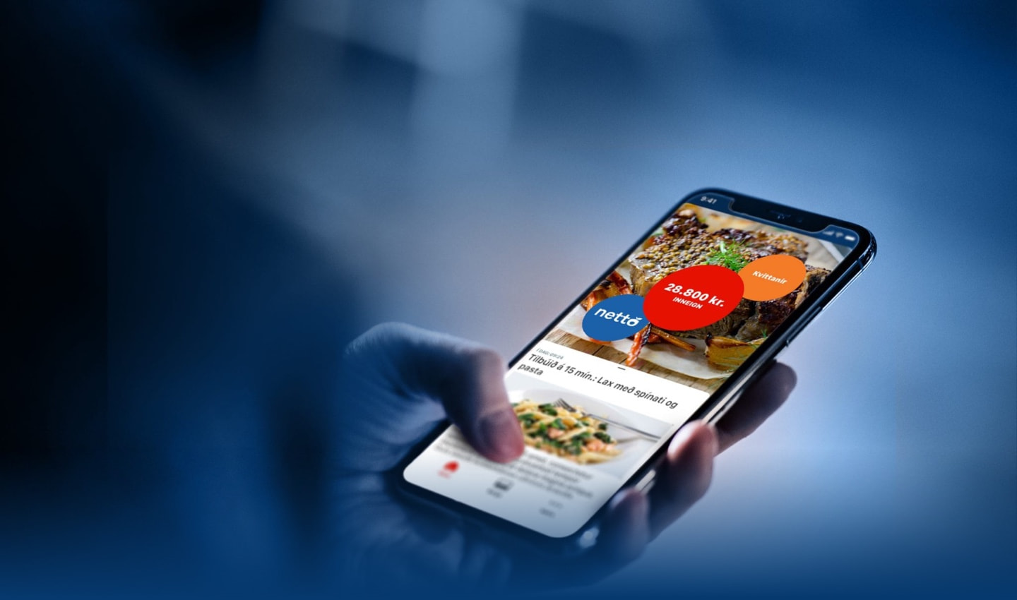 En person holder en smartphone, der viser Netto-appens grænseflade med maden i fokus og indhold som priser og opskrifter.