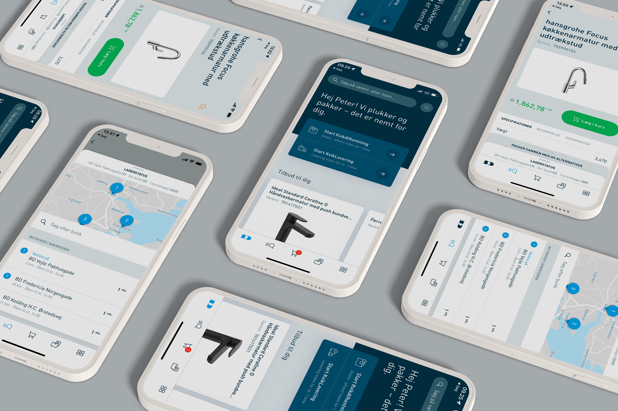 Billede af flere smartphones, der viser en brugervenlig app med produktinformation, lagerstatus og kortfunktioner til køb af køkkenarmaturer.