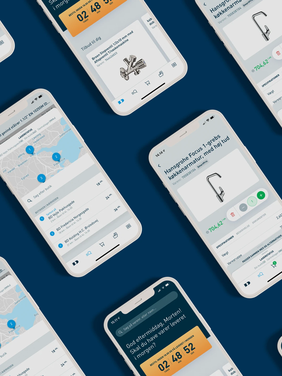 Flere smartphones viser produktsider for køkkenarmaturer med informationer som priser, leveringsstatus og kortoversigt, designet på en dybblå baggrund.