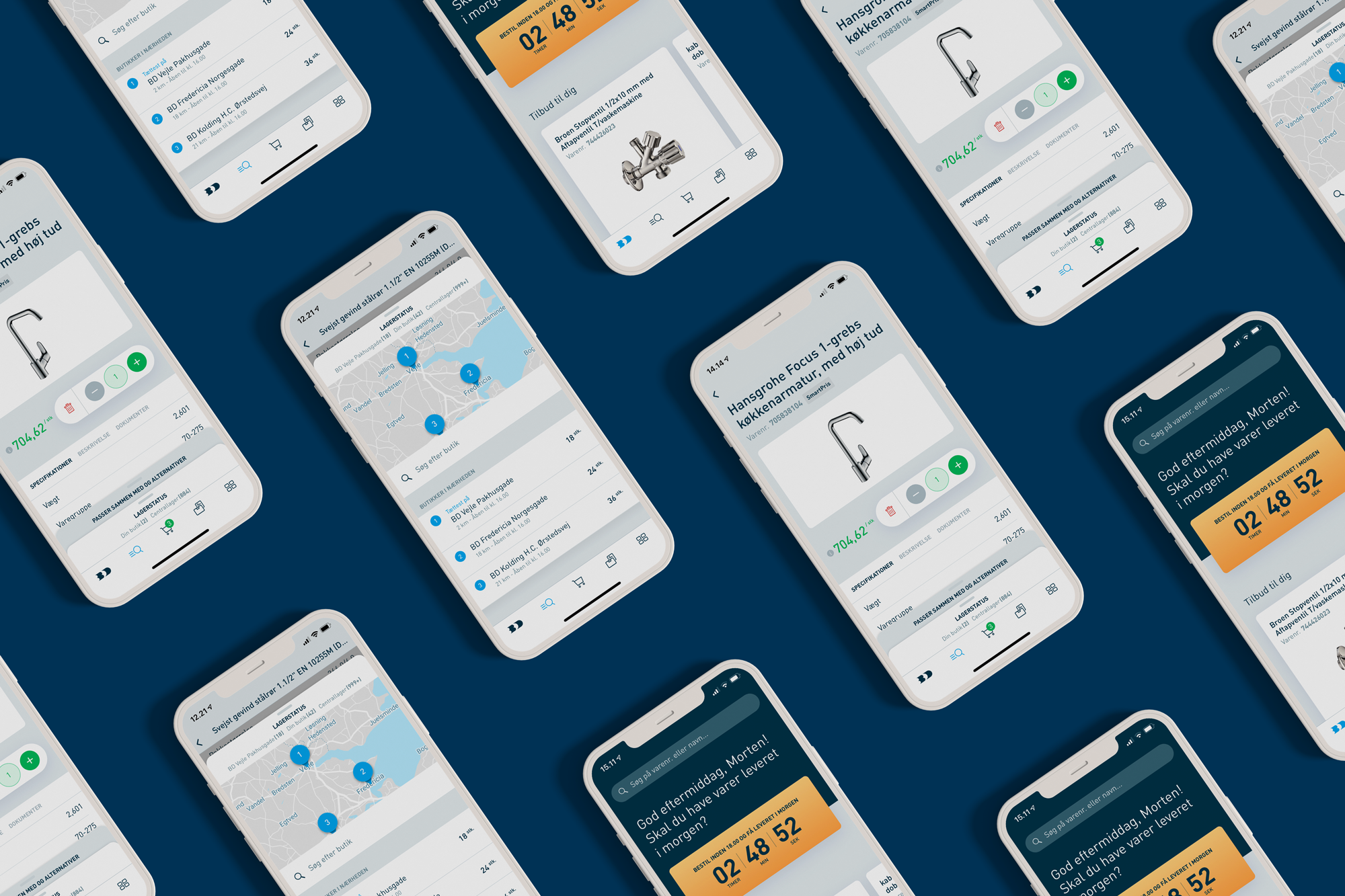 Flere smartphones viser produktsider for køkkenarmaturer med informationer som priser, leveringsstatus og kortoversigt, designet på en dybblå baggrund.