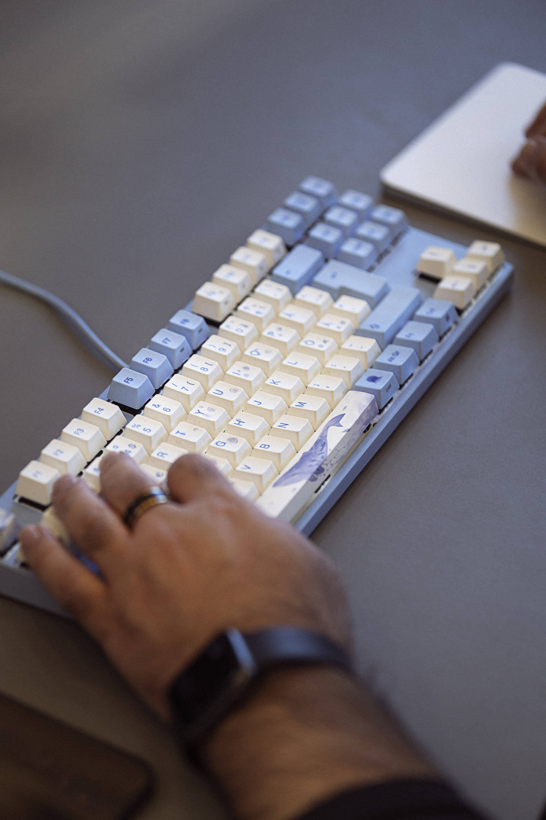 Hånd der skriver på et mekanisk tastatur med blå og hvide taster, med en bærbar computer i baggrunden.