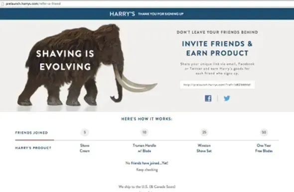 Billede af et ulddyr med teksten "Shaving is evolving" over en hvid baggrund, præsenterer Harry's tak for tilmelding, med oplysninger om at invitere venner og tjene produkter.