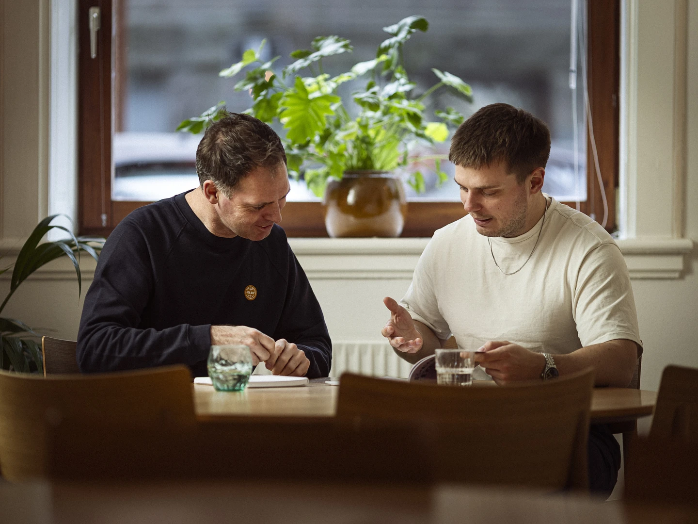 To mænd sidder ved et træbord i en lys café, mens de samtaler og gennemgår noter, omkranset af grønne planter i vindueskarme.