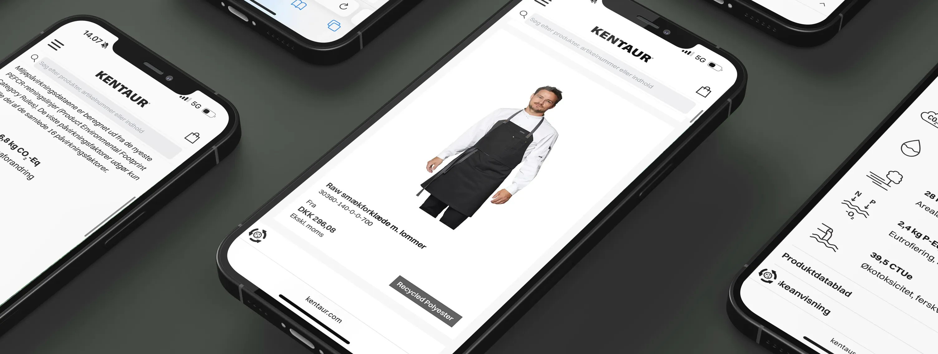 Billede af smartphones, der viser Kentauers hjemmeside med fokus på produkter og data.