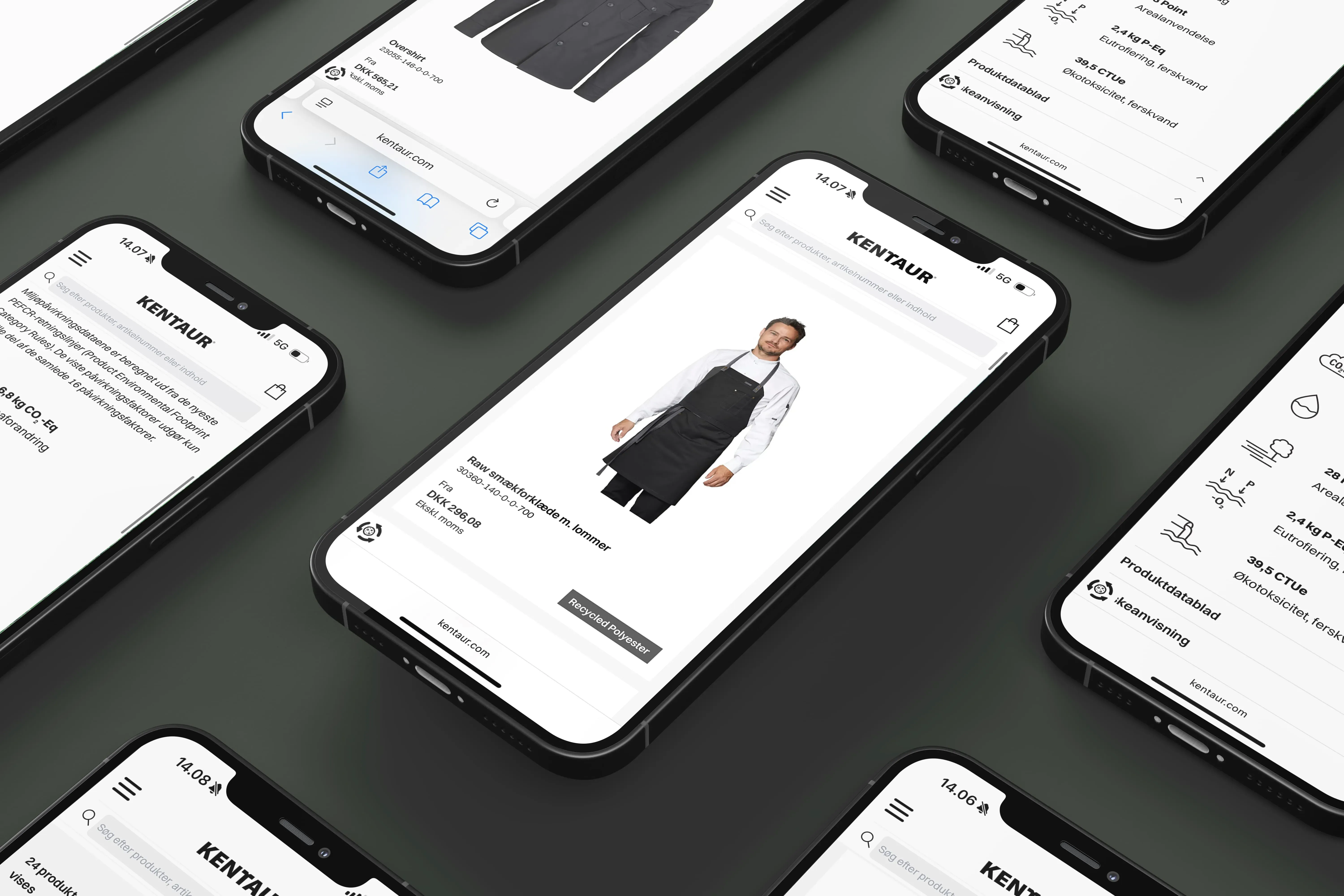Billede af smartphones, der viser Kentauers hjemmeside med fokus på produkter og data.
