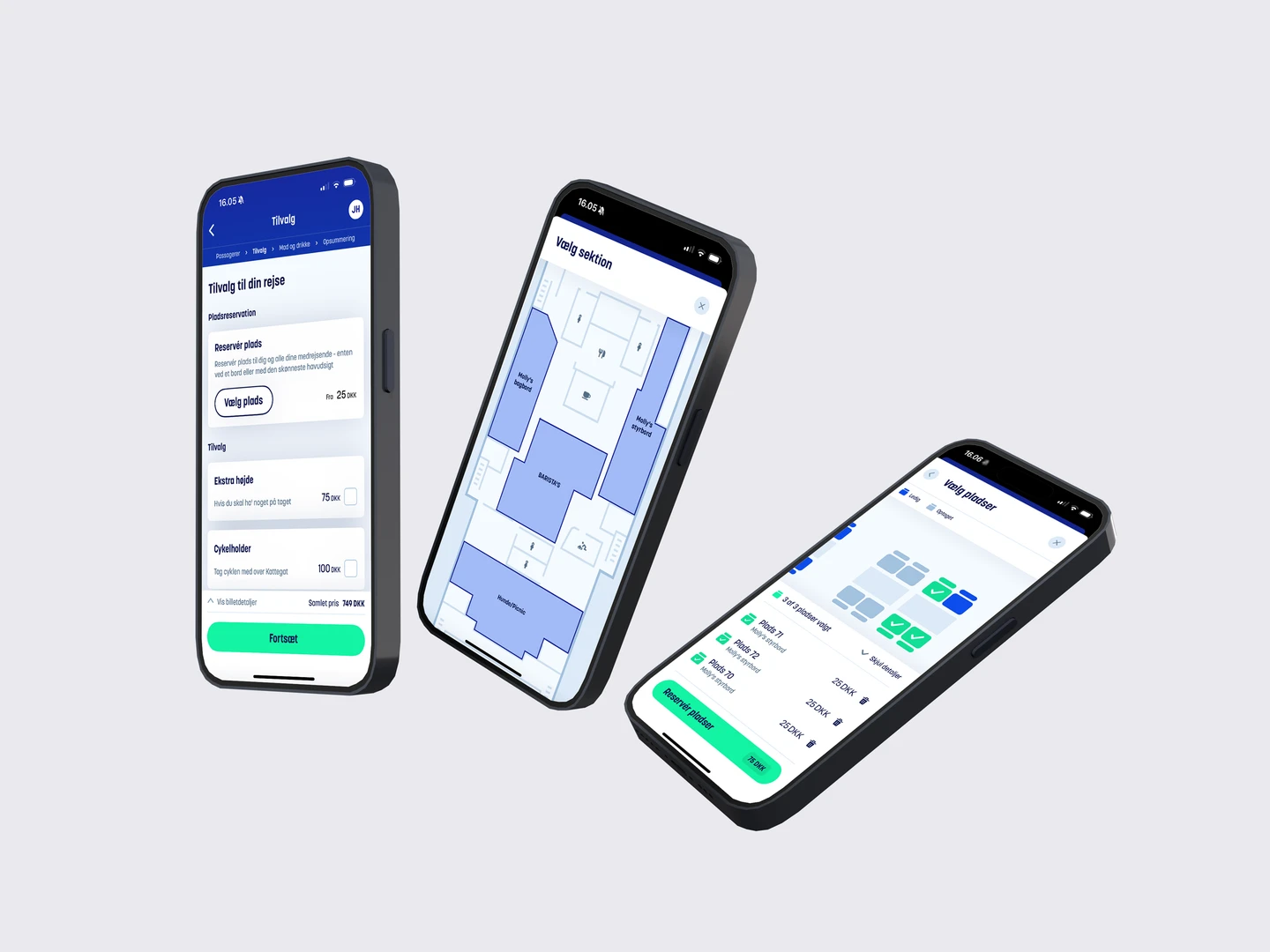 Tre smartphones vises i en 3D-vinkel, med skærme der viser en app til reservationssystem, der muliggør valg af pladser og visning af et interaktivt kort over lokaler.