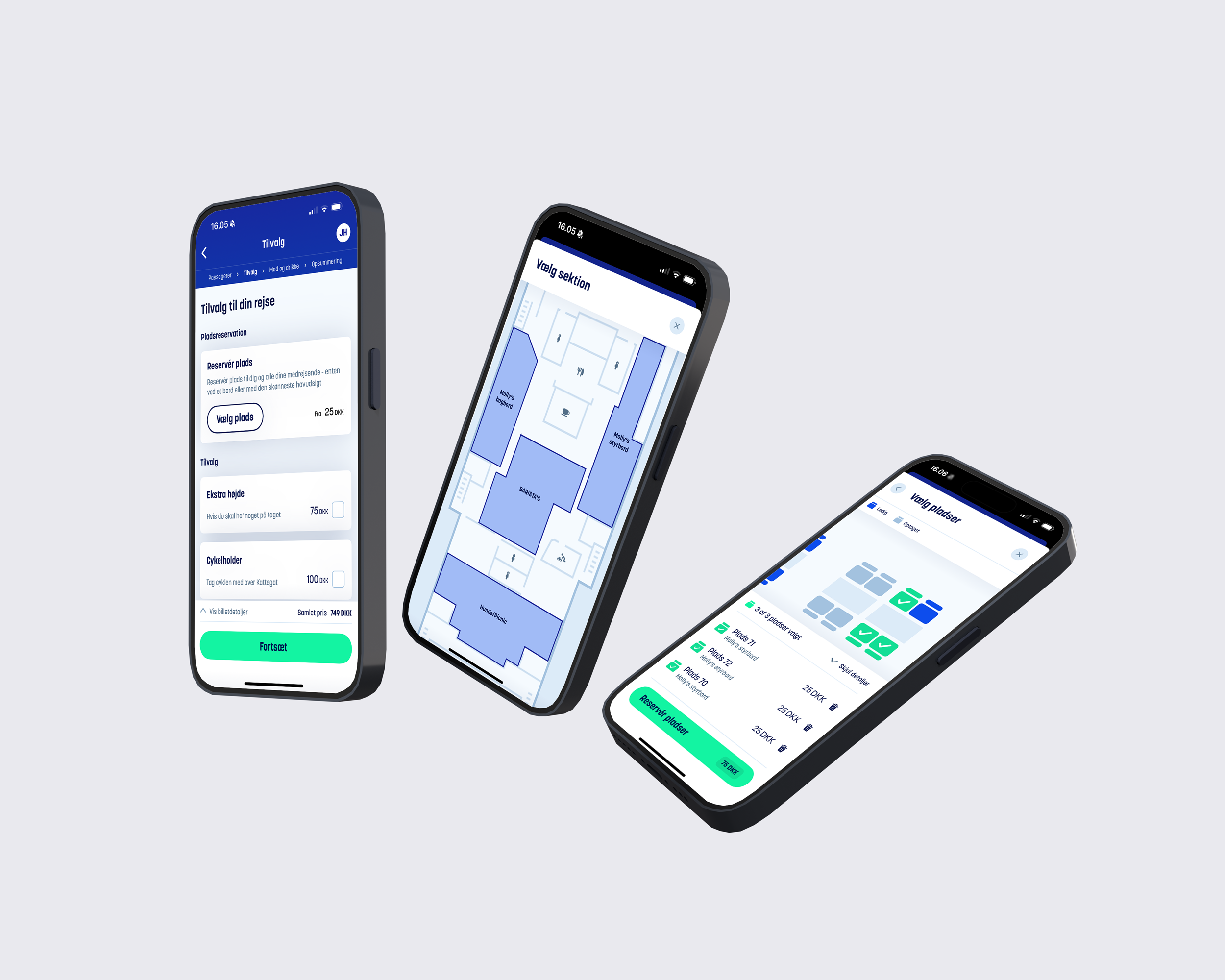 Tre smartphones vises i en 3D-vinkel, med skærme der viser en app til reservationssystem, der muliggør valg af pladser og visning af et interaktivt kort over lokaler.