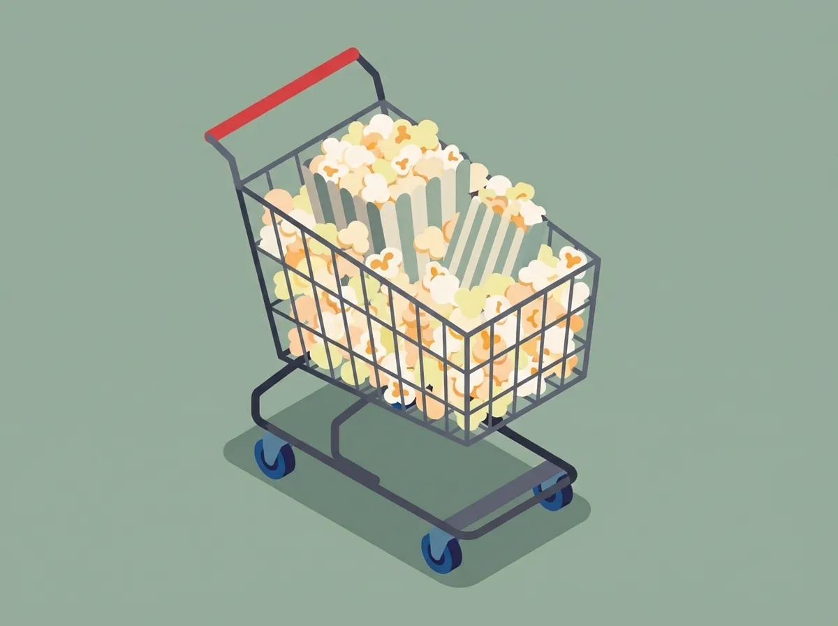 en illustration af en indkøbsvogn fyldt med popcorn