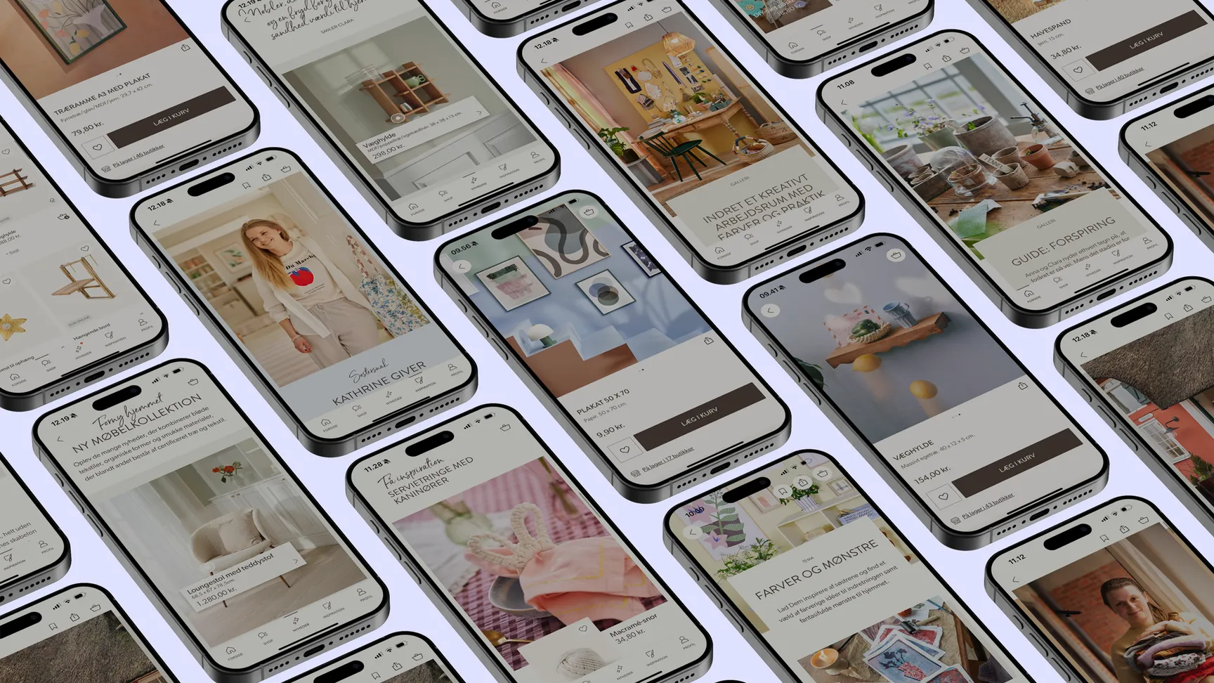 Forside af en mobilapp med forskellige skærmbilleder, der viser produktfotos og informationer om møbler, dekoration og boligindretning, præsenteret i et overskueligt gitterlayout.