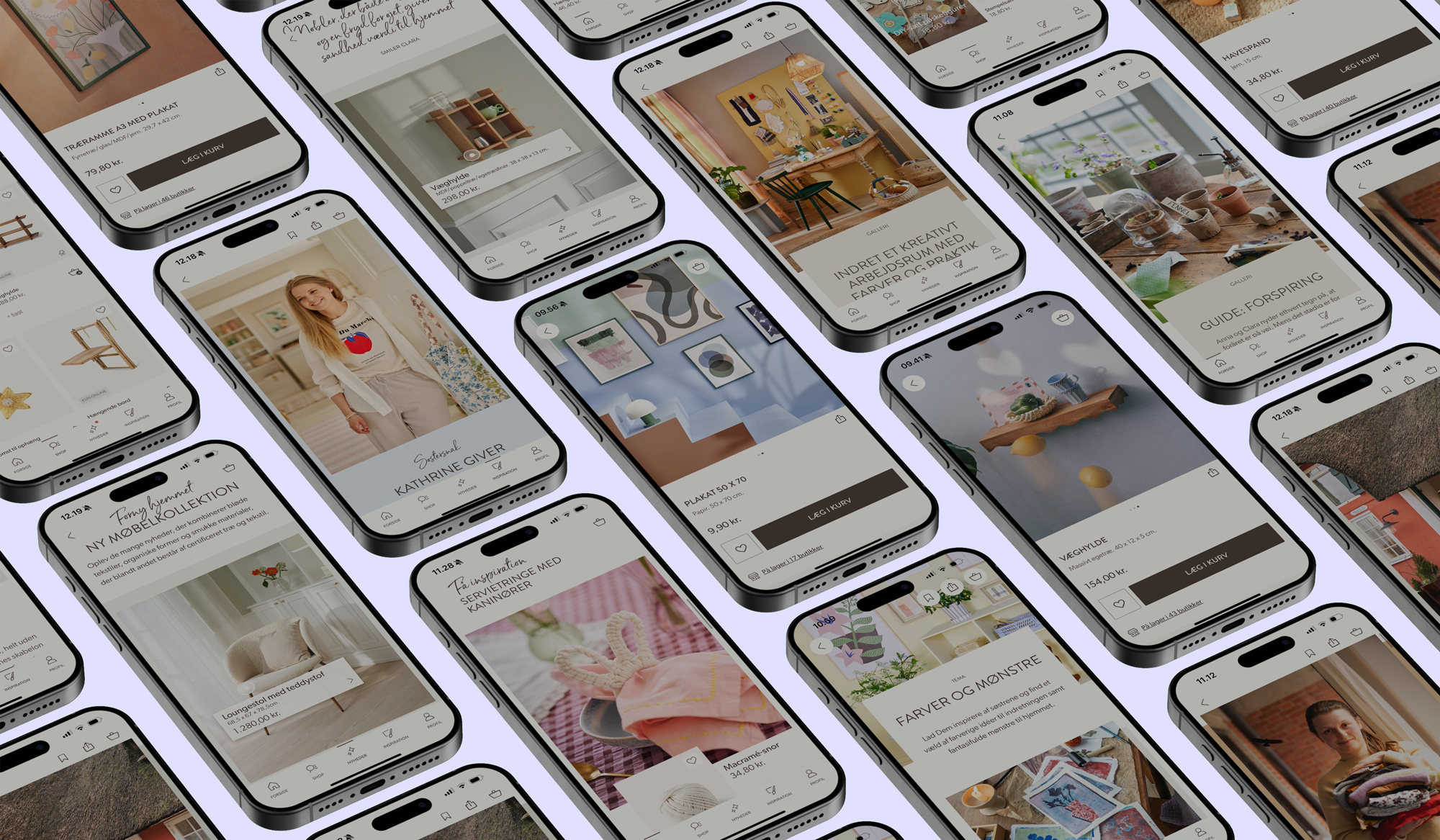Forside af en mobilapp med forskellige skærmbilleder, der viser produktfotos og informationer om møbler, dekoration og boligindretning, præsenteret i et overskueligt gitterlayout.