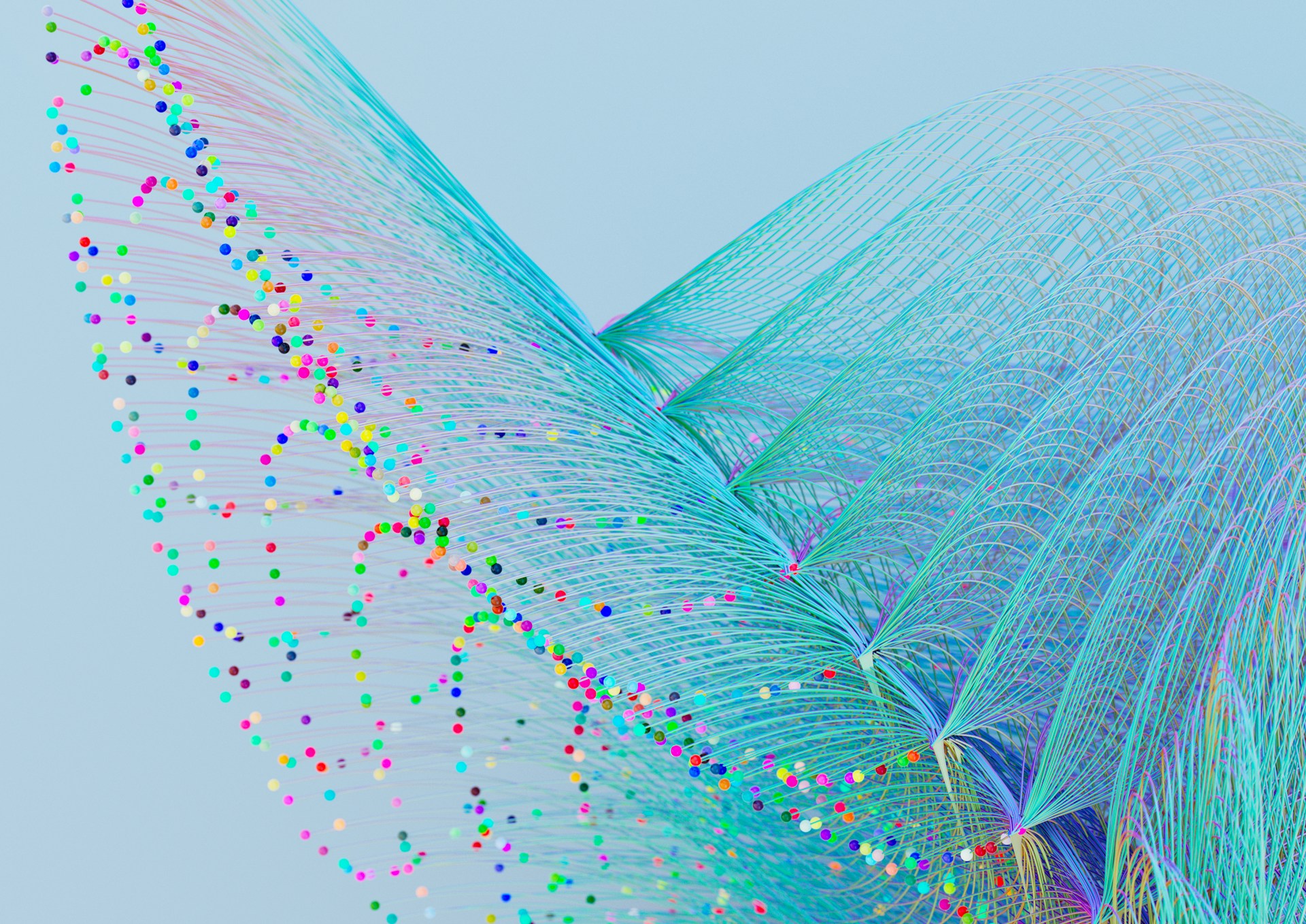 Farverig, abstrakt grafisk illustration med bølgende linjer og multidimensionale prikker på en lys blå baggrund, symboliserer dataflow og kreativitet.