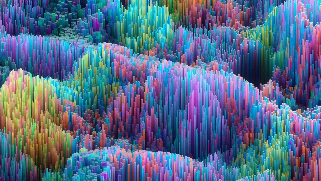 Farverig 3D-grafik af en abstrakt landskab med høje, lodrette søjler i nuancer af blå, pink og grøn, der skaber en dybdevirkning og visuel dynamik.