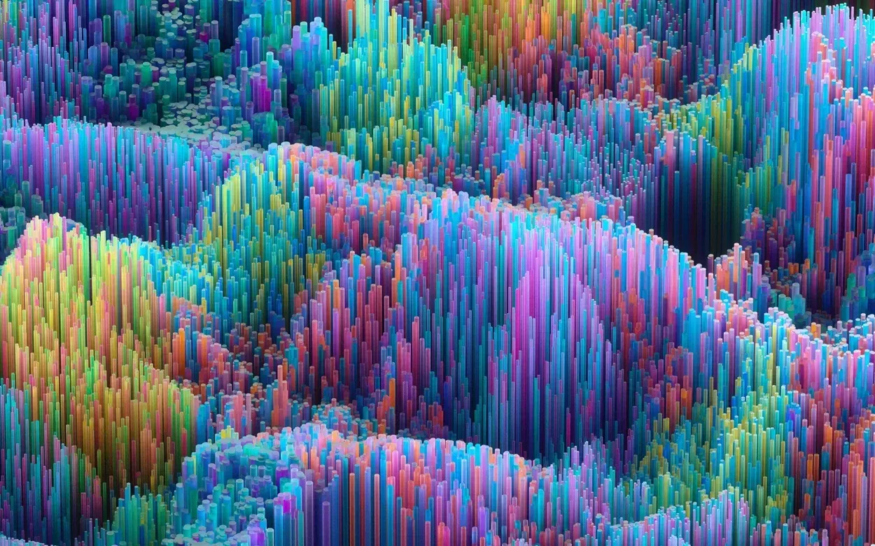 Farverig 3D-grafik af en abstrakt landskab med høje, lodrette søjler i nuancer af blå, pink og grøn, der skaber en dybdevirkning og visuel dynamik.