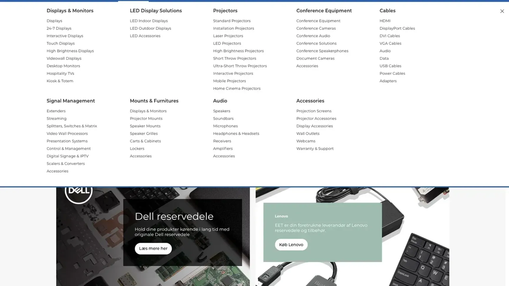 ALT tekst: "Oversigt over Dell og Lenovo reservedele med billeder af elektroniske komponenter, kabler og tilbehør på en hjemmeside."