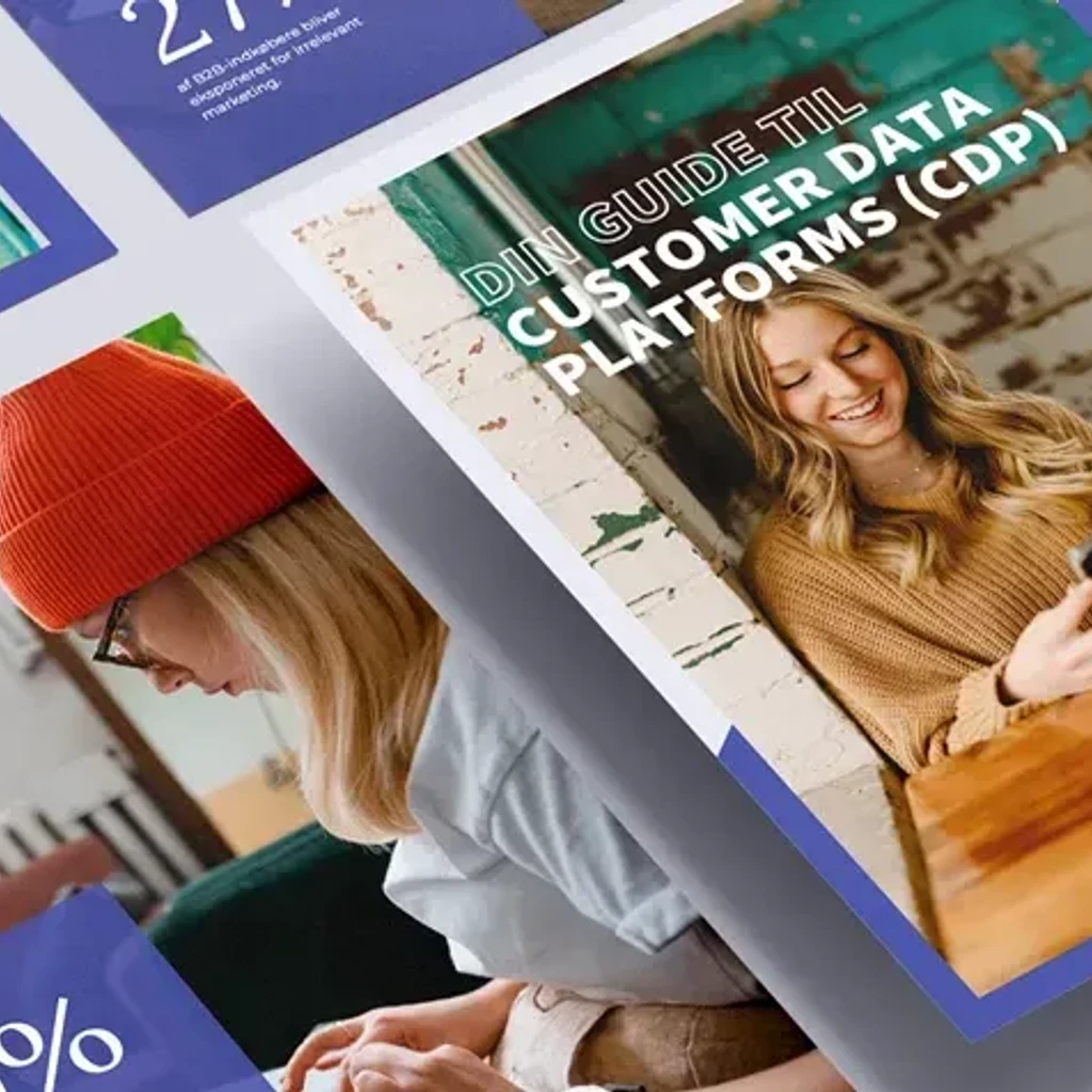 Billede med forskellige opslag om Customer Data Platforms (CDP), herunder en guide, statistikker og personer, der interagerer med mobiltelefoner og computere i en moderne, kreativ arbejdsplads.