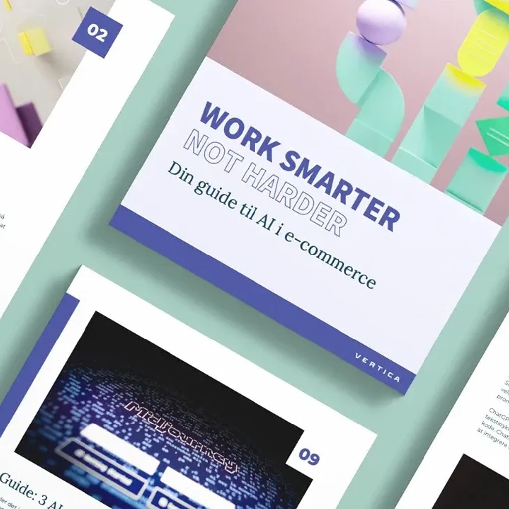 Et collagebillede af flere dokumenter og en guide med titlen "Work Smarter Not Harder", der fokuserer på den kommercielle værdi af AI i e-handel.