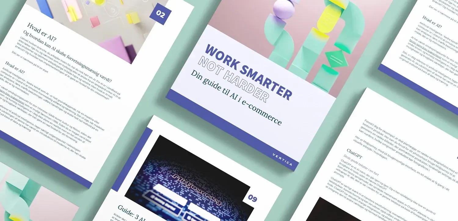 Et collagebillede af flere dokumenter og en guide med titlen "Work Smarter Not Harder", der fokuserer på den kommercielle værdi af AI i e-handel.