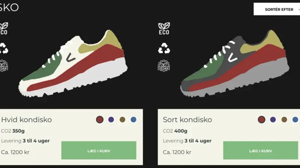 To sko til salg: hvid kondisko med 350g CO2 og sort kondisko med 400g CO2, begge med leveringstid på 3 til 4 uger og pris ca. 1200 kr. Brugervenlig grænseflade til valg af farve og læg i kurv.