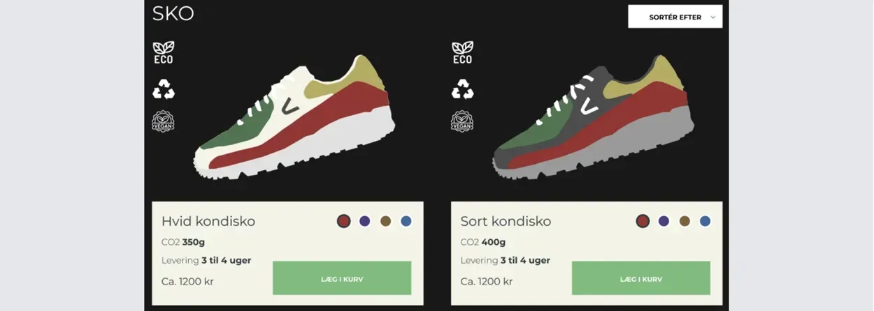 To sko til salg: hvid kondisko med 350g CO2 og sort kondisko med 400g CO2, begge med leveringstid på 3 til 4 uger og pris ca. 1200 kr. Brugervenlig grænseflade til valg af farve og læg i kurv.