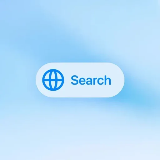Søgeknap med globus-ikon og teksten "Search" på en lys blå baggrund.