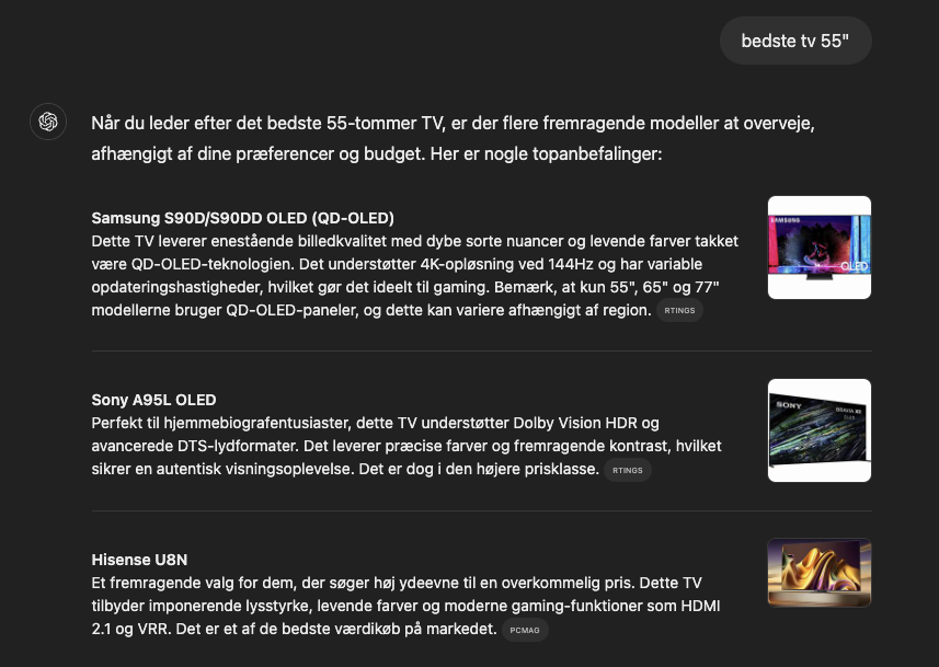 Screenshot ChatGPT svarer på hvilket tv der er det bedste med 3 forskællige svar.ALT tekst: "Oversigt over bedste 55-tommer TV-modeller med specifikationer og funktioner fra Samsung S90D/S90DD QD-OLED, Sony A95L OLED og Hisense U8N."