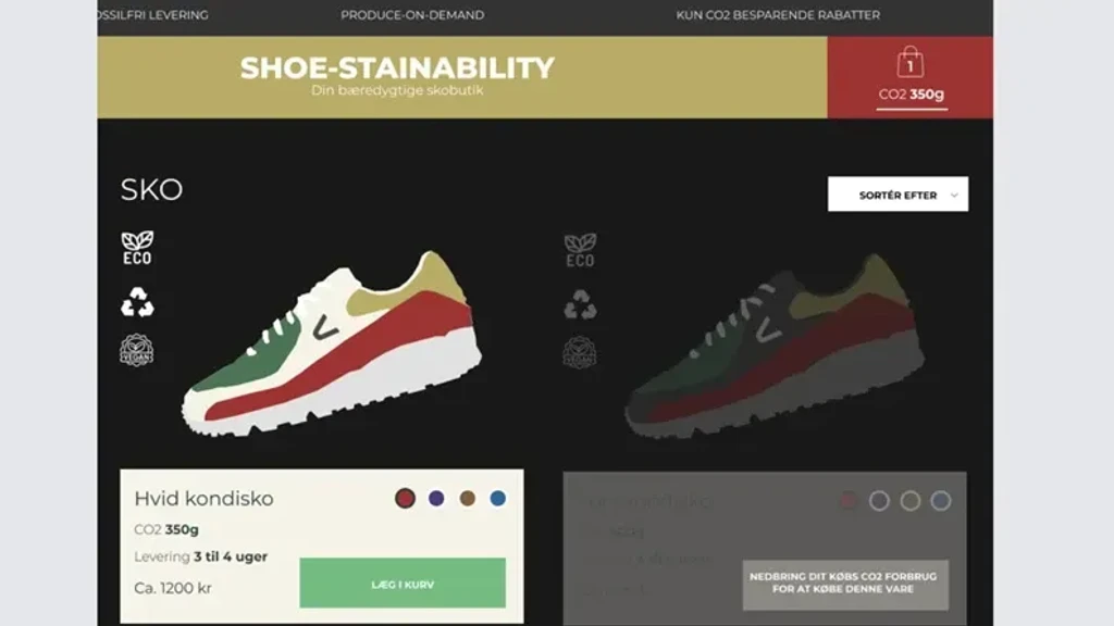 Billede af bæredygtige kondisko med information om CO2-aftryk og leveringstid, fra webshoppen 'Shoe-Stainability'.