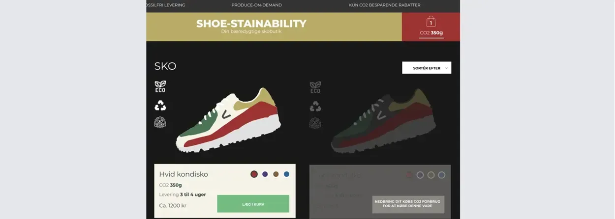 Billede af bæredygtige kondisko med information om CO2-aftryk og leveringstid, fra webshoppen 'Shoe-Stainability'.
