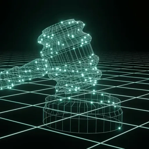 3D model af en dommerkamp med en lysende netværksstruktur på en rutenetbaggrund, der symboliserer juridisk teknologi og digital innovation.