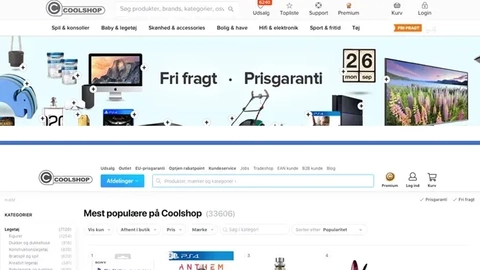 Skærmbillede af Coolshop hjemmeside med fokus på populære produkter, gratis fragt og prisgaranti, samt navigationsmenu og kategorier.