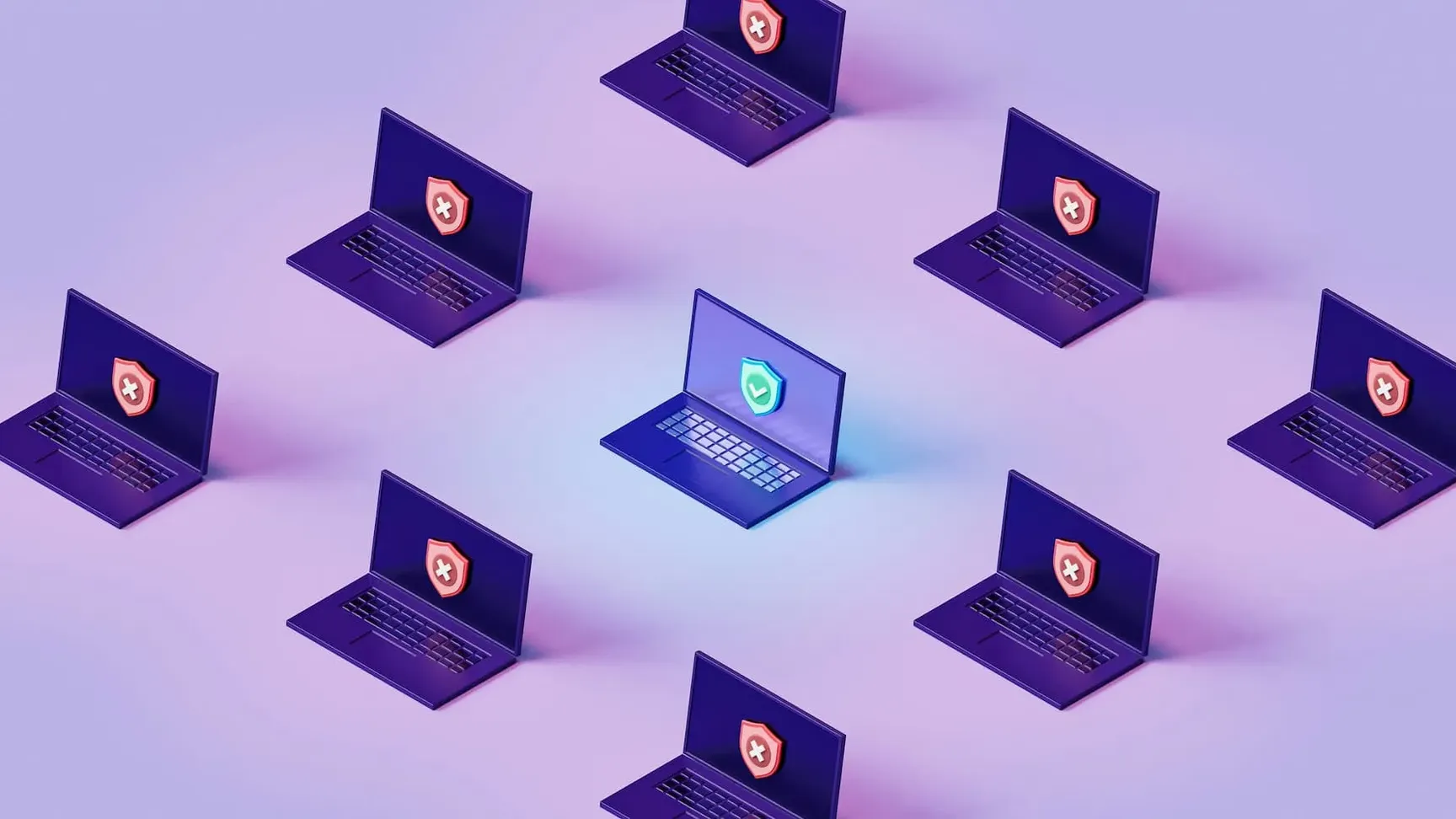 Grafisk illustration af ni bærbare computere i en cirkulær formation, hvor en af dem har et grønt sikkerhedssymbol og de øvrige har røde advarselssymboler, der repræsenterer cybersikkerhed og beskyttelse af data.