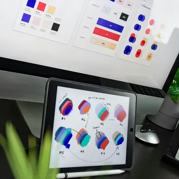 Skærm med digitale farvepaletter og en tablet med farveskema og skitser af farvekombinationer, pen og plante i forgrunden.
